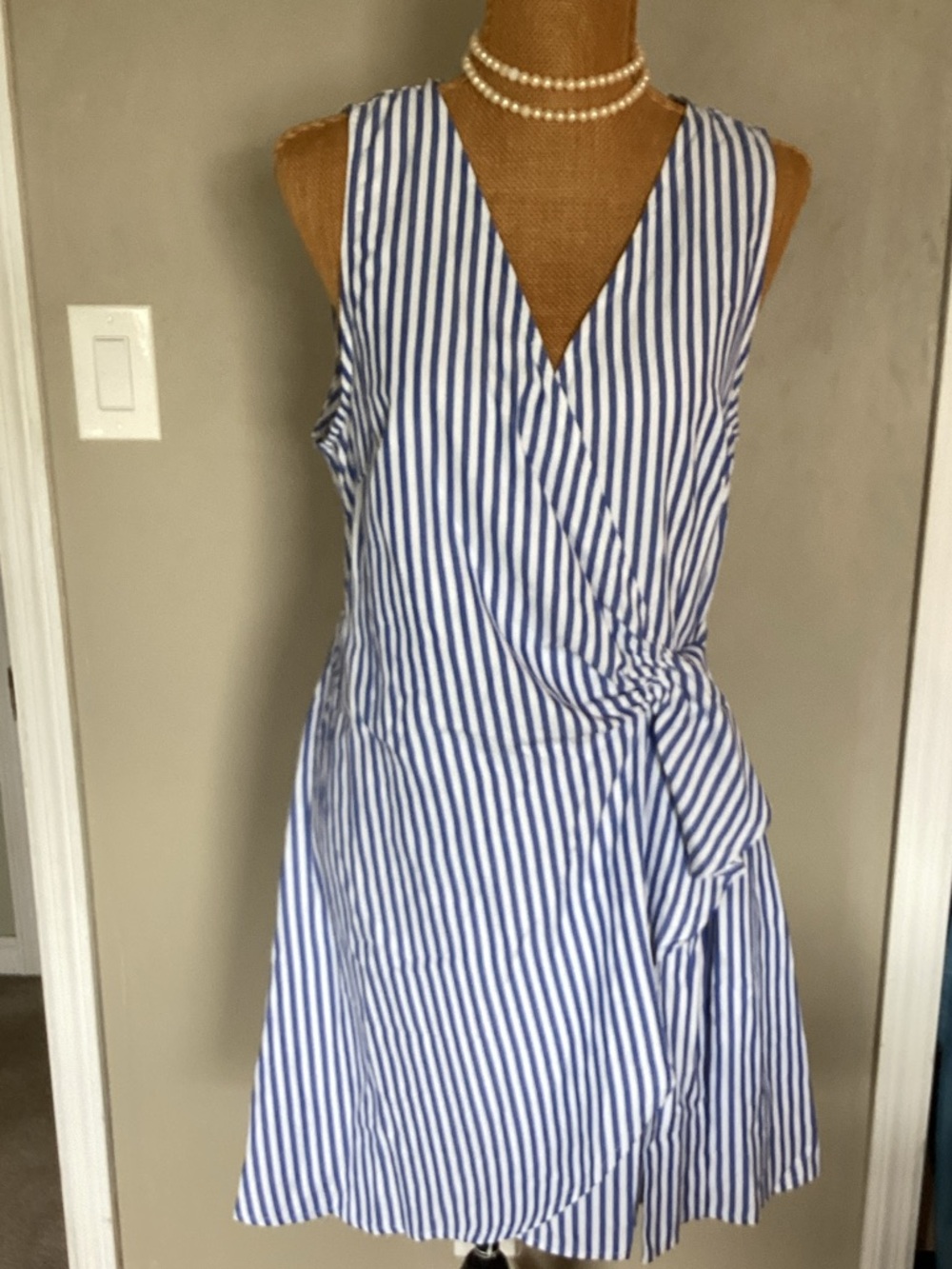 Sleeveless Blue and White Stripe Wrap Dress